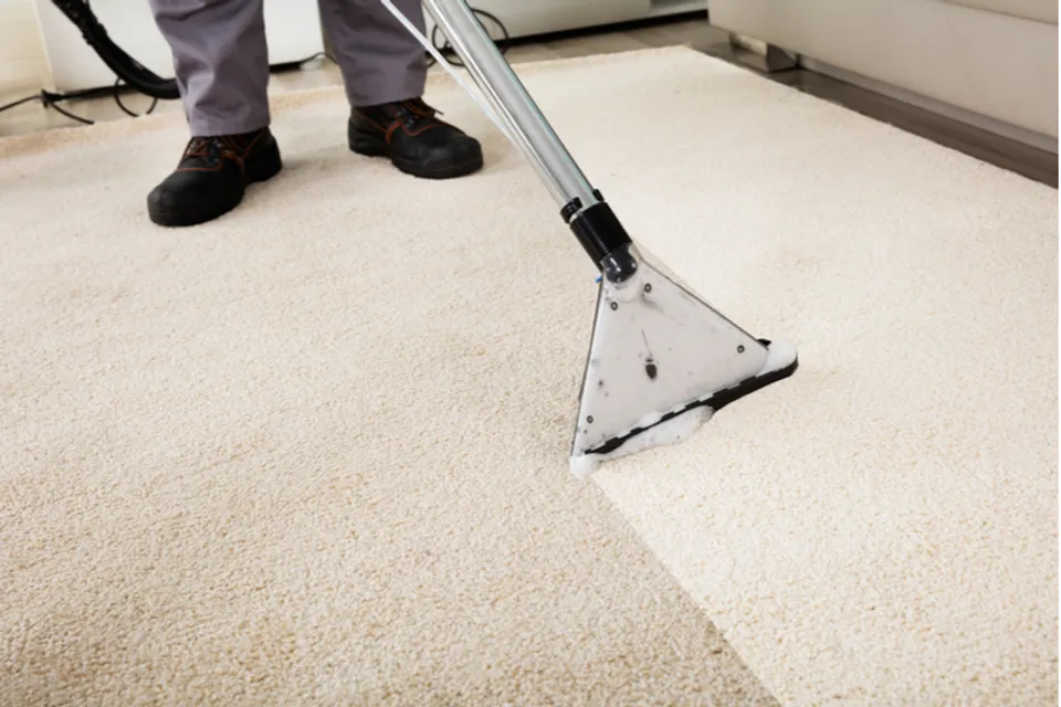 Worker at Pro-Master Cleaning & Restoration cleaning carpet