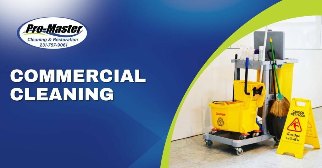 Janitorial Cleaning Equipment on a Rolling Cart with a Yellow Caution Wet Floor Sign | Commercial Cleaning | Pro-Master Cleaning & Restoration