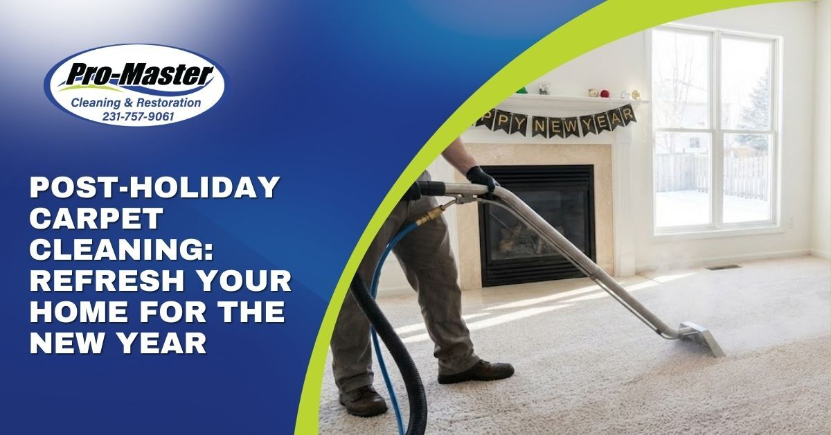 A promotional advertisement from Pro-Master Cleaning & Restoration features a professional carpet cleaner in gray work pants, gloves, and boots using a steam cleaner wand on light-colored carpet in a cozy living room. The room has a fireplace with a "Happy New Year" banner above the mantel, large windows showing a snowy outdoor view, and natural light illuminating the space.