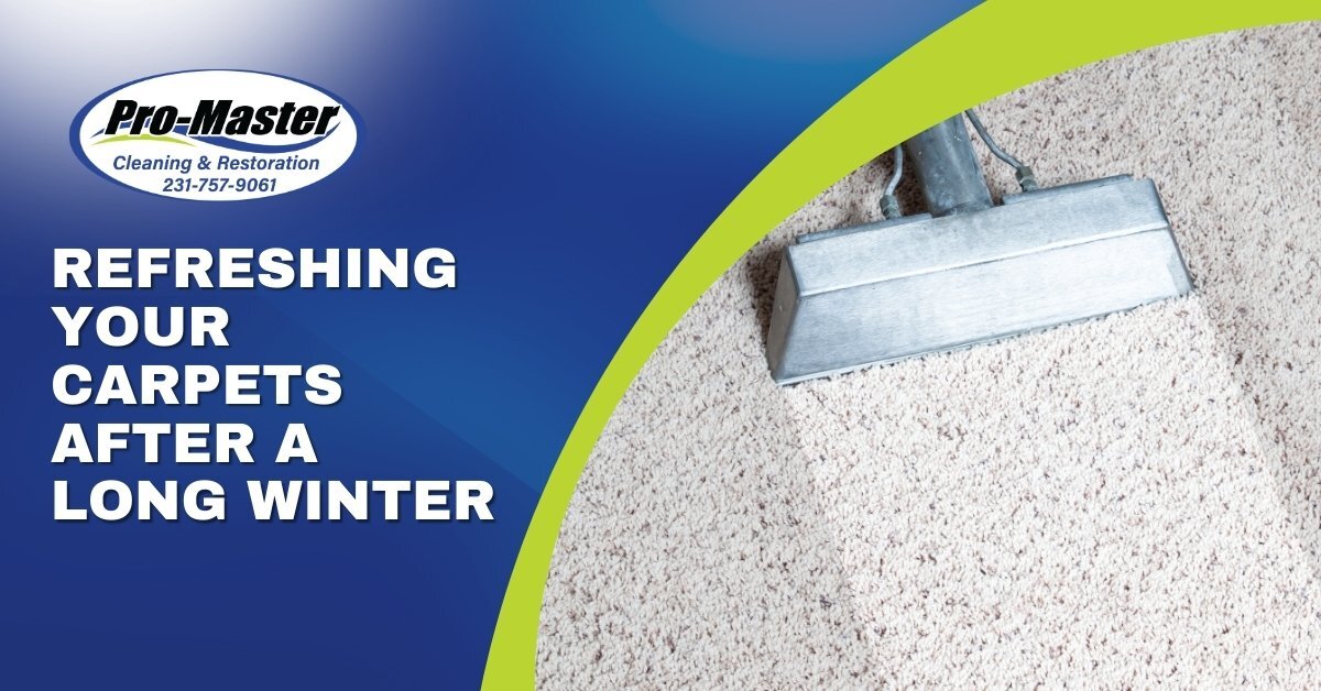A promotional graphic for Pro-Master Cleaning & Restoration, featuring the text "Refreshing Your Carpets After a Long Winter" in bold white letters on a dark blue background. The left section includes the Pro-Master logo and contact number (231-757-9061). The right section shows a close-up of a light-colored carpet being cleaned with a metal carpet cleaning wand, highlighting the contrast between the cleaned and uncleaned areas. A bright green curved line separates the two sections, adding a dynamic visual element.