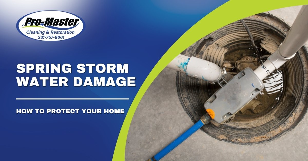 A professional advertisement for Pro-Master Cleaning & Restoration featuring a bold headline "Spring Storm Water Damage" and a sub-headline "How to Protect Your Home." The left side has a blue background with a lime-green curve separating it from the right side, which shows a sump pump system in a concrete floor. The Pro-Master logo and contact number are displayed prominently.
