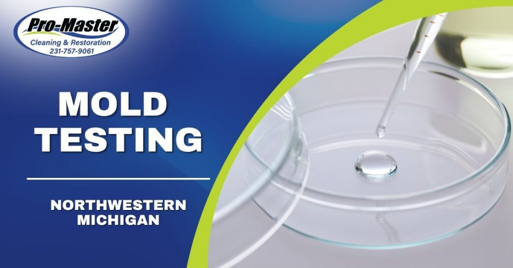 Promotional banner for Pro-Master Cleaning & Restoration advertising mold testing in Northwestern Michigan, featuring the company logo, phone number, bold “MOLD TESTING” text, and a laboratory scene with a pipette and petri dish.