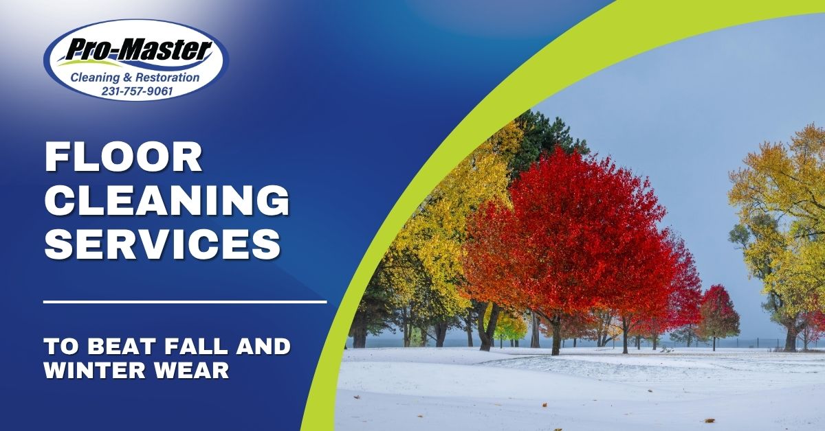 Promotional graphic for Pro-Master Cleaning & Restoration advertising floor cleaning services for fall and winter, featuring bold white text on a blue background and a seasonal image of autumn trees above light snow.